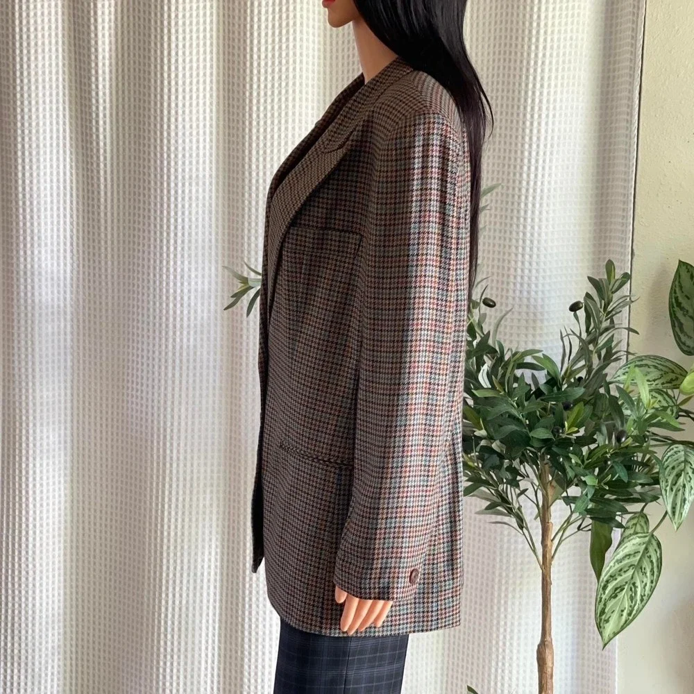 Vintage 90s Forenza Blazer Houndstooth Brown Career Office Jacket‎ Size 12